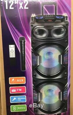Bluetooth Rechargeable Party DJ Speaker Dual 12 inch with Lights + Wireless Mic