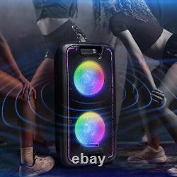 Dual 10 Bluetooth Party Speaker with Neon LED Lights Mic DJ Karaoke System Loud