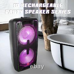 Dual 10'' Portable Bluetooth Rechargeable Party Speaker Mic Remote Control LED