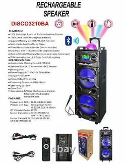Dual 10 Subwoofer Portable Bluetooth Party Speaker LED Karaoke Hi-Fi Disco AUX