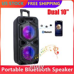 Dual 10 Subwoofer Portable Bluetooth Speaker Party Trolley Woofer FM Karaok Mic