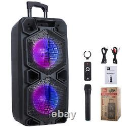 Dual 10 Subwoofer Portable Bluetooth Speaker Party Trolley Woofer FM Karaok Mic