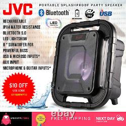 JVC Portable Bluetooth Party Speaker 8 Subwoofer LED Light FM Radio Splashproof