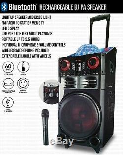 Portable DJ PA Karaoke Party Disco Bluetooth Speaker Subwoofer & Wireless Mic