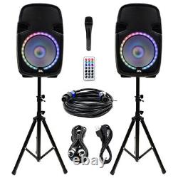 Powered 12 Inch PA DJ Karaoke Party Speaker System with Stands Bluetooth, LED
