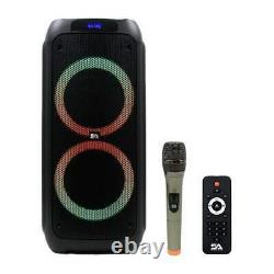 Powered Portable 2x8 Inch Party Karaoke Speaker LED Bluetooth, Mic & Remote