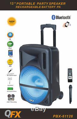 QFX 12 Rechargeable Bluetooth PA DJ Party Speaker FM Radio/USB/LED MP3 With Mic
