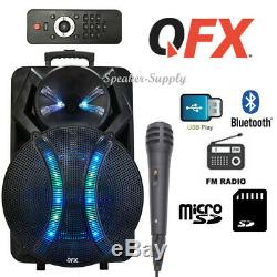 QFX 18 Party PA Speaker LED Lights Guitar RCA USB SD Micro SD Input FM with Mic