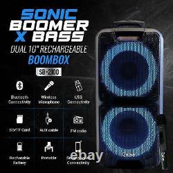 SonicBoomer X-BASS Portable Bluetooth Party Speaker, Dual 10 woofers with Light