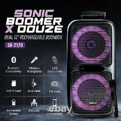 SonicBoomer X DOUZE Portable Bluetooth Party Speaker, Dual 12 woofers with Ligh