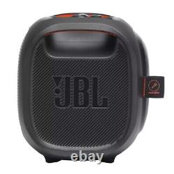 Enceinte Bluetooth JBL PartyBox On-the-Go avec karaoké, LED et microphone sans fil pour fêtes et événements.