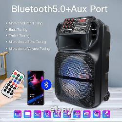 Enceinte Bluetooth portable 15 avec subwoofer, graves puissants, système DJ pour fêtes, microphone, AUX et FM.