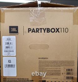 Enceinte de fête portable JBL PartyBox 110 avec lumières intégrées, son puissant et basses.