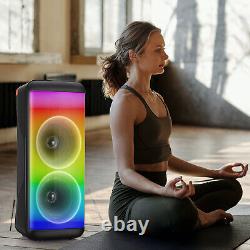 Haut-parleur Bluetooth de grande fête avec woofer, basses lourdes et son stéréo intérieur/extérieur.