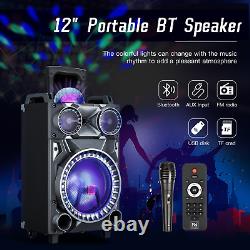 Haut-parleur Bluetooth portable 12 pouces avec grave puissant, lumières disco LED et télécommande microphone pour fêtes.